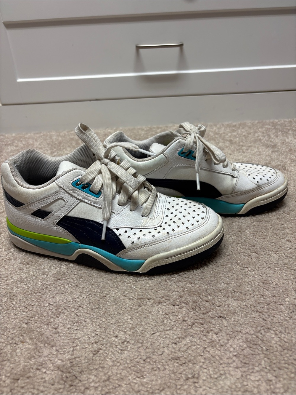 White old school Puma Sneakers with Teal & Lime Accents size 7.5 women’s